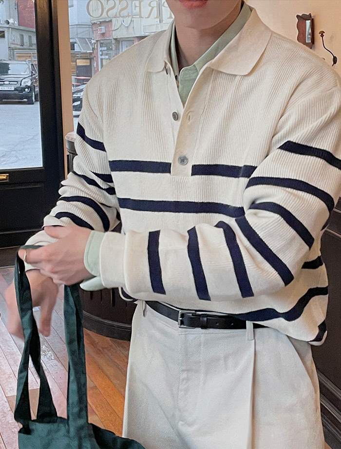 Semi-Over Stripe Button Cotton Collar Knit
