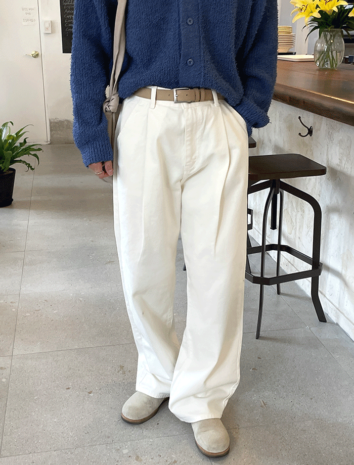 Wide Long Deep One-Tuck Cotton Pants