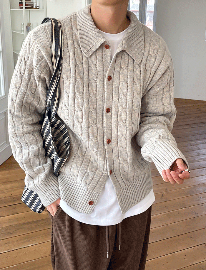 Semi-Over Blended Wool Cable Cardigan