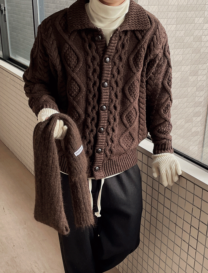 Semi-Over Fisher Cable Button Cardigan